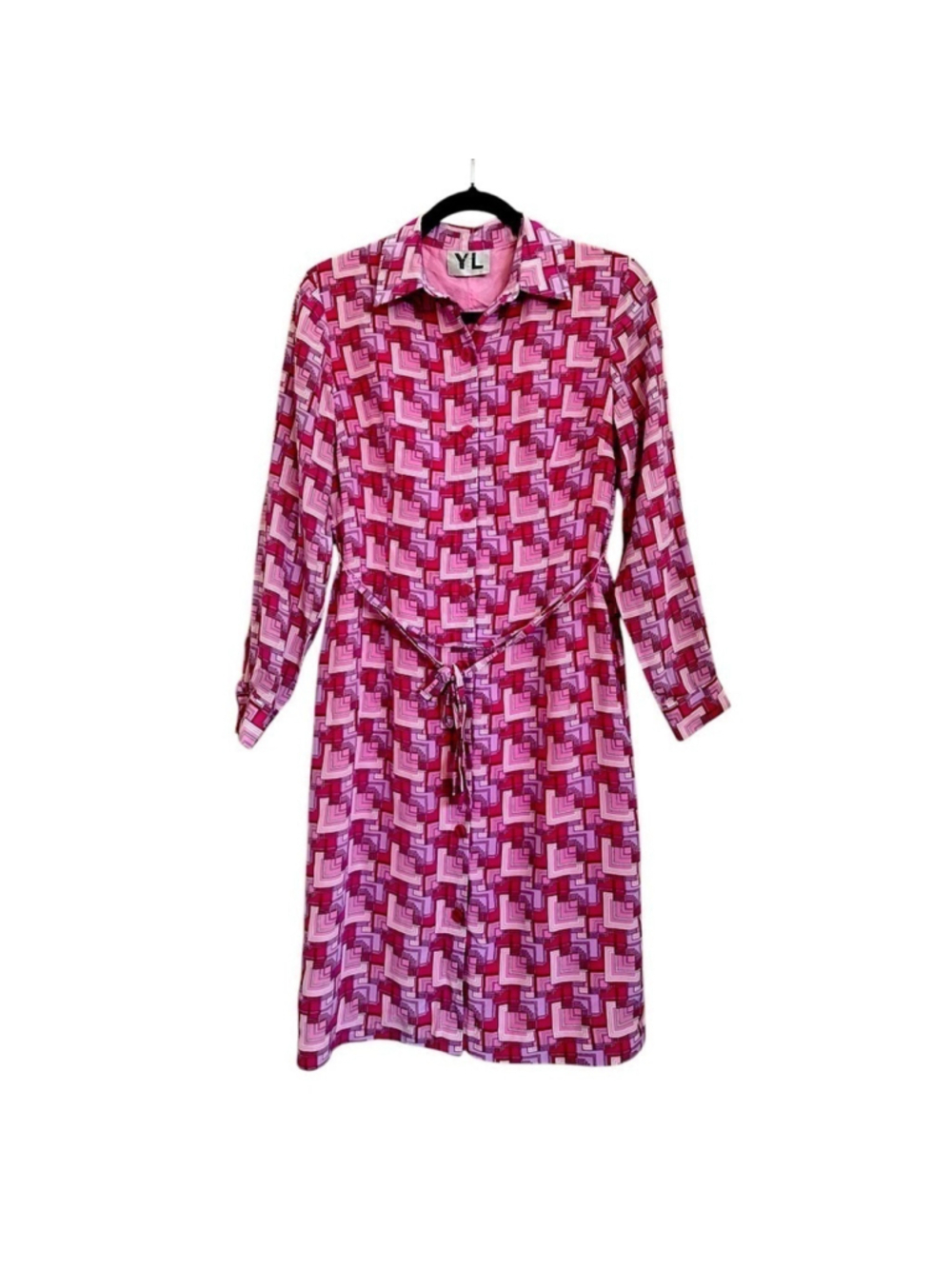 Vintage YL by Yair 100% Silk Dress, small, Pink and Purple Geometric Lined